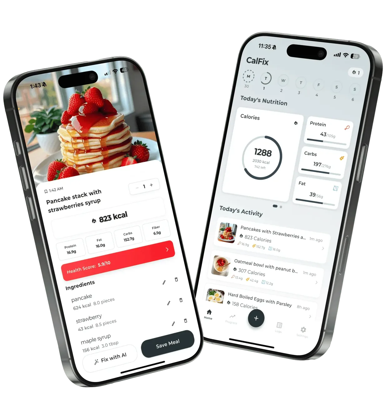 CalFix App Interface showing AI calorie tracking