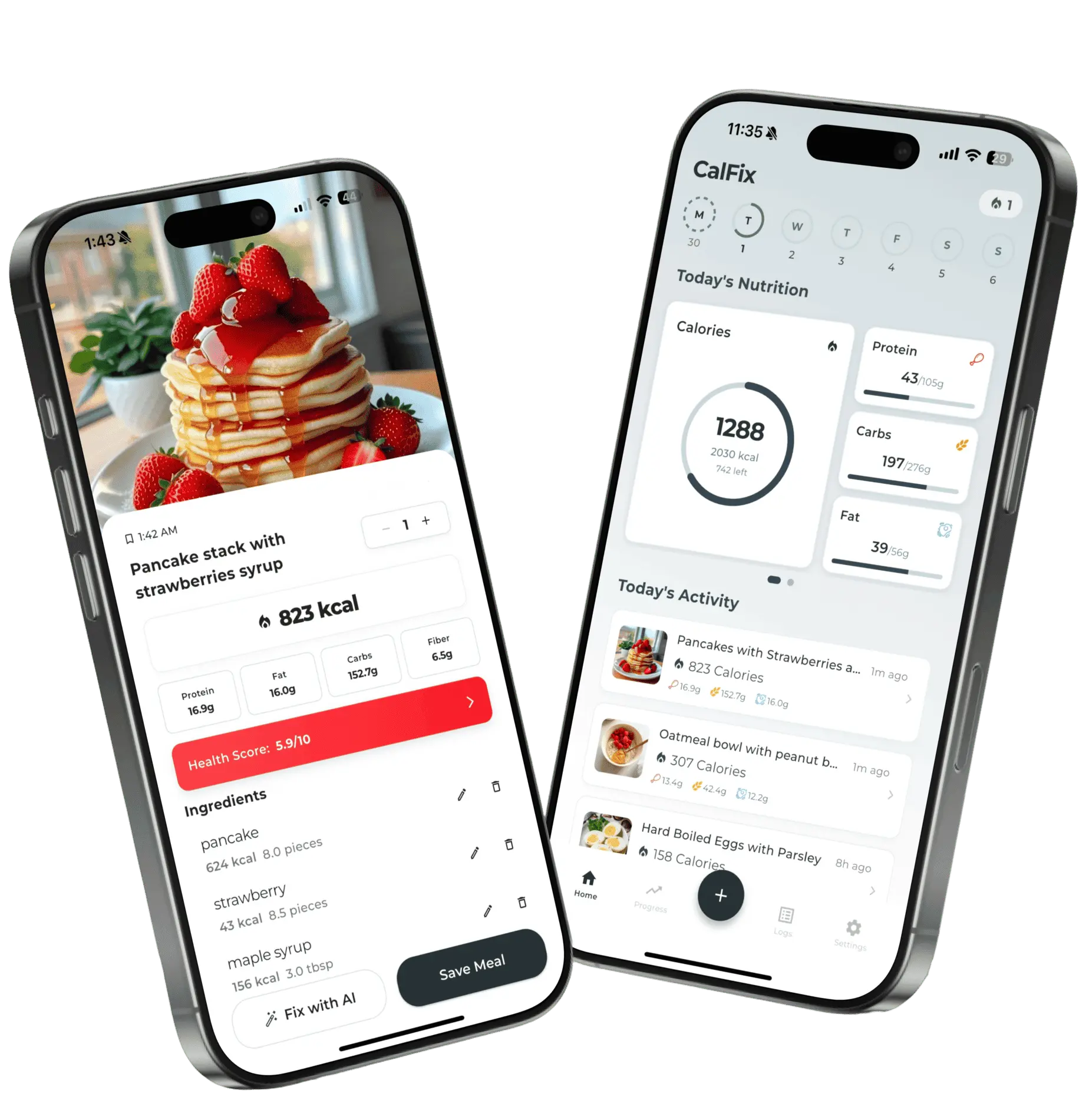 CalFix App Interface showing AI calorie tracking